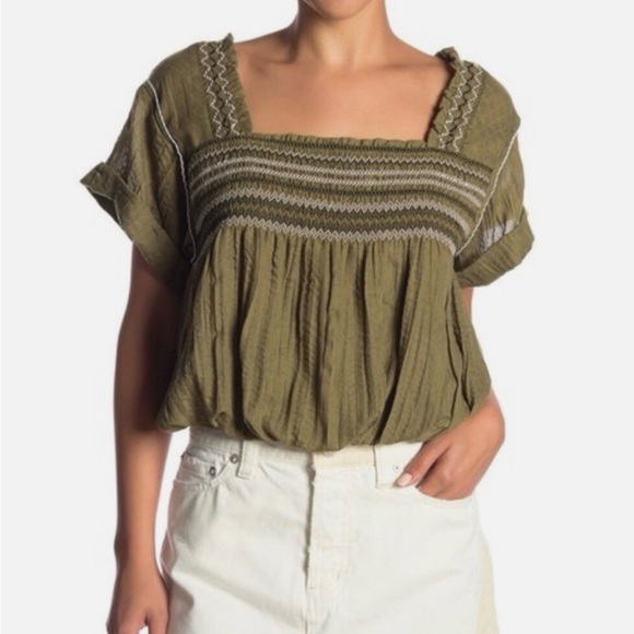 Free People Tops - Free People Wandering Skies Smocked Top Blouse Cropped Olive Green M Cottage